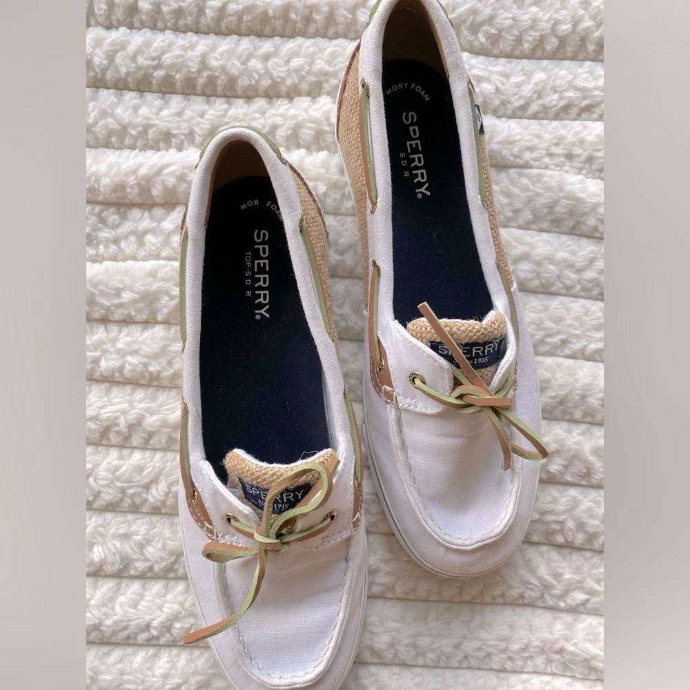 Sperry Top-Sider Women’s Boat Shoes Size 8.5M White Canvas & Tan Leather - Picture 5 of 9